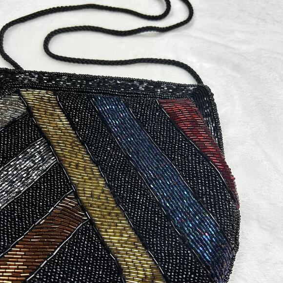 Vintage Beaded Evening Bag Black Rainbow Shoulder Purse Garfinckel's Pocketbook - Picture 2 of 12